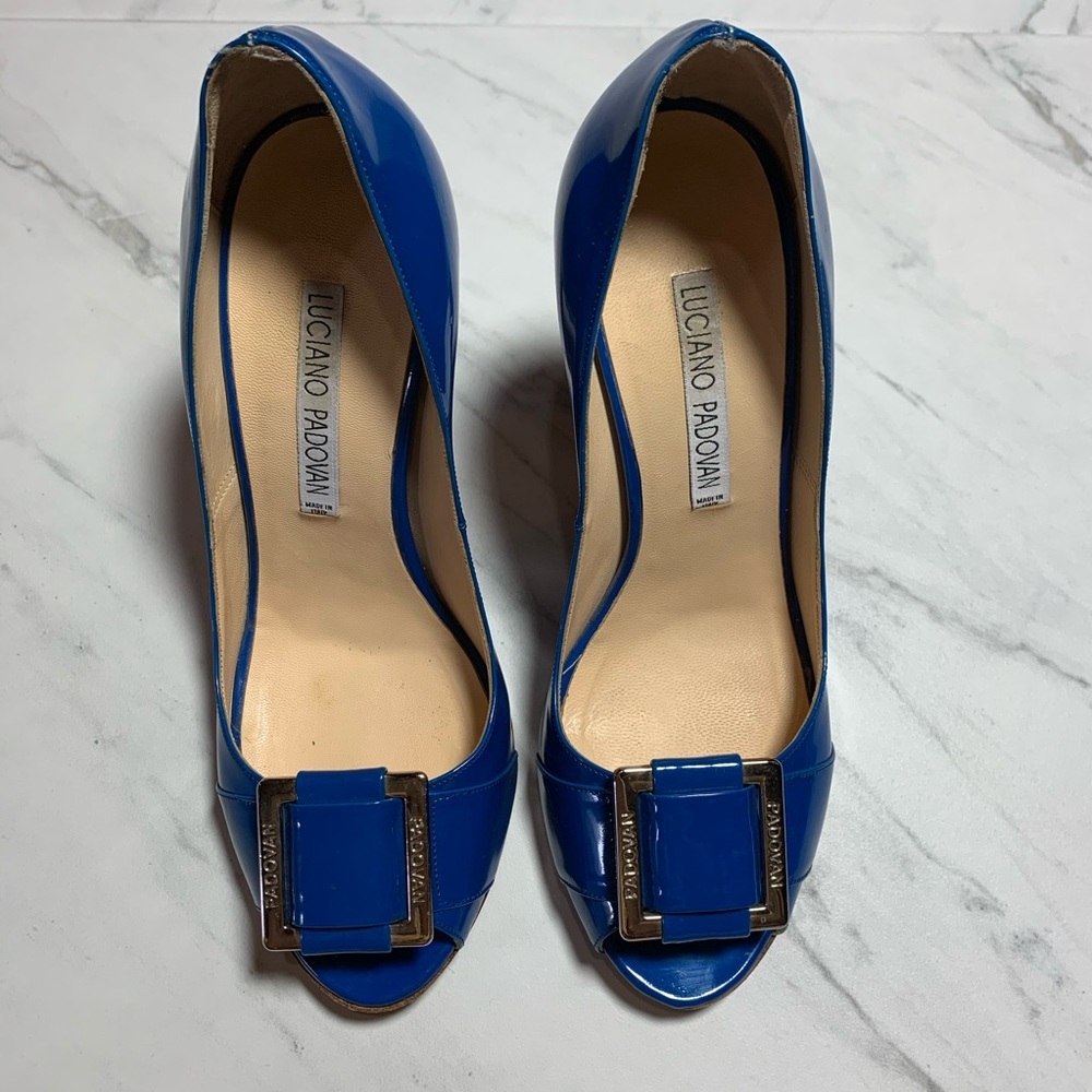 Luciano Padovan Blue Patent Leather Heels Size 7.5